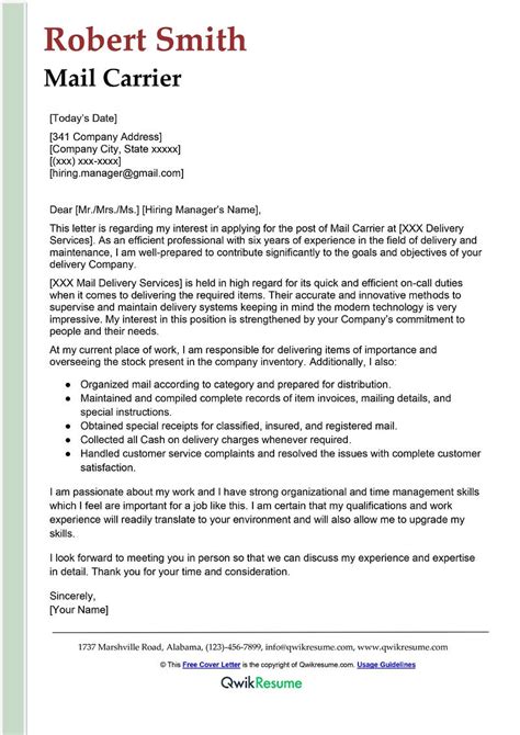 cover letter for mail carrier.